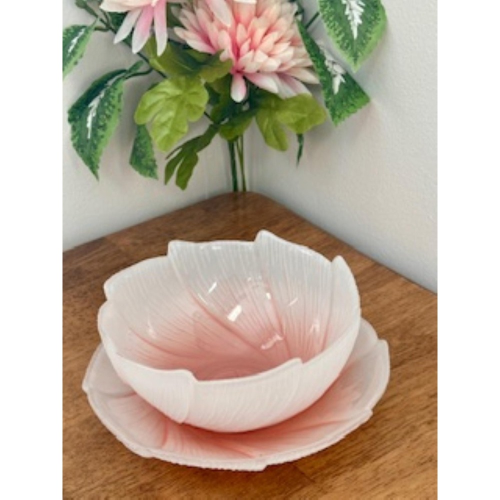 Vintage Pink & White Petal Bowl and Saucer Set – Art Glass Dish